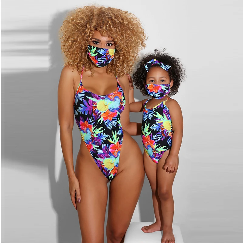 

2020 Mother And Baby Girl Swimsuit Two Piece Swimsuits Matching SummerParent-Child Swimsuit with face, Customized color/as show