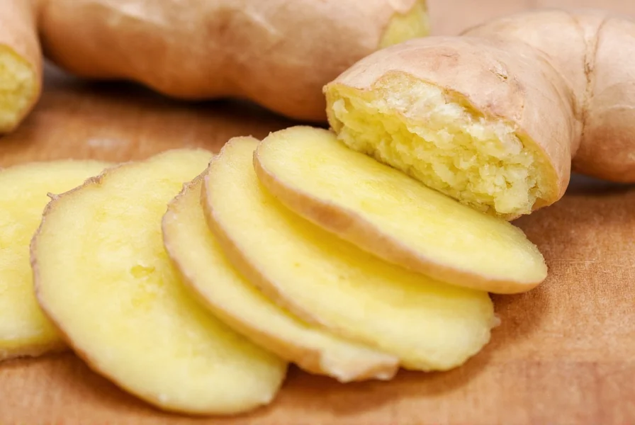 Fresh ginger root with peeled sections showing fibrous interior and close-up of ginger slices on wooden cutting board