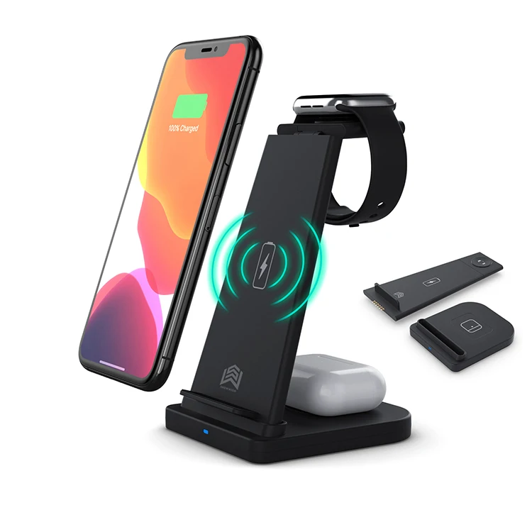 

Detachable Fast QI Multi Phone Stand Station Dock 3 in 1 Wireless Charger For Iphone For Airpods For Iwatch, Black white
