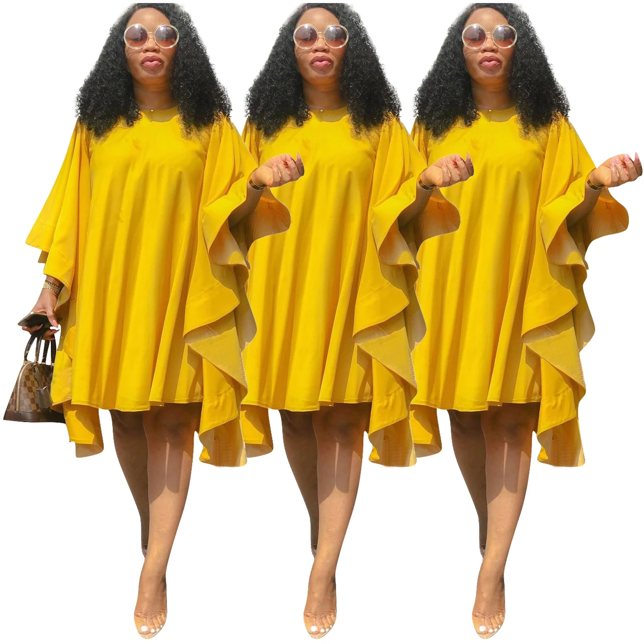 

long sleeve dress 2021 Autumn casual Clothes Sexy Pleated Yellow Round Neck Short Skirts plus size women dress