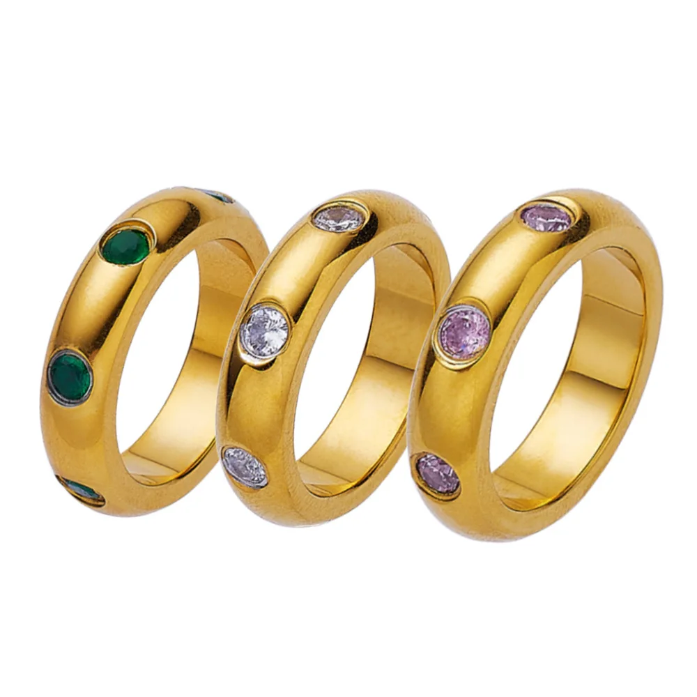 

Vintage Gemstone Eternity Ring Luxury 18K Gold Plated Stainless Steel Waterproof Cubic Zircon Green Pink Crystal Ring YF3321