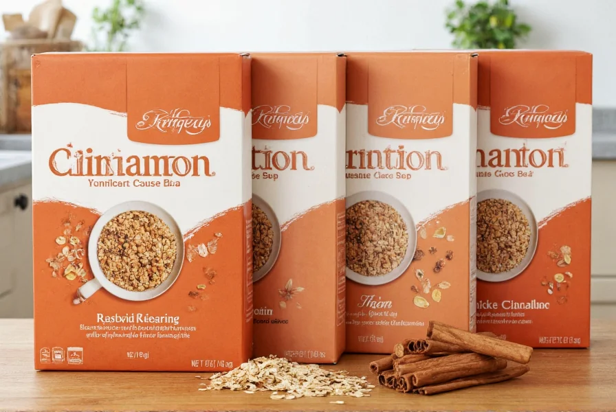 Assortment of cinnamon cereal boxes arranged on wooden table with cinnamon sticks and oats