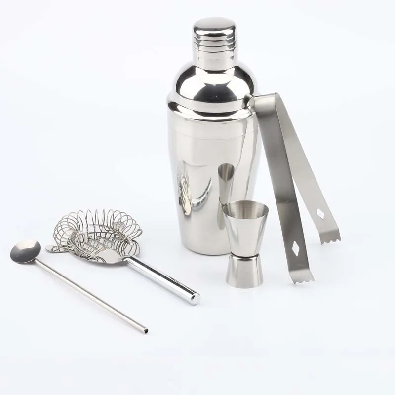 

Factory direct stainless steel bar shaker 550ml metal silver 5-piece cocktail bartender tool set