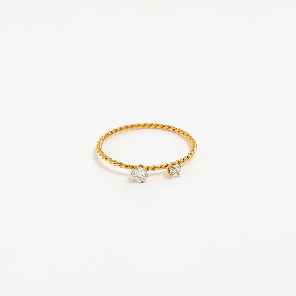 High End 18K Plain Gold Two Zirconia Dainty Rope Rings Stainless Steel Trendy Simple Gold Plated Jewelry
