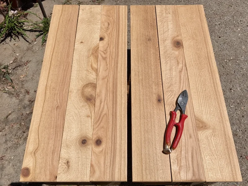 Reclaimed wood planks and tools laid out for DIY table project