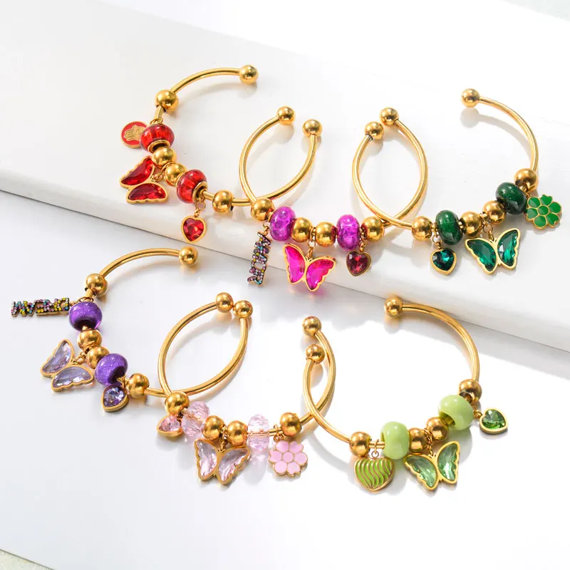 

BAOYAN Gold Plated Cuff Enamel Flower Butterfly Crystal Stainless Steel Charm Bracelets & Bangles, Multi-colors