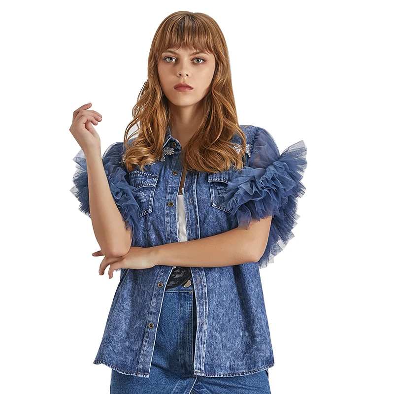 

CHICEVER Denim Mesh Patchwork Clothing Women Sleeveless Jacket Button Coat Female Fashion Clothes 2020