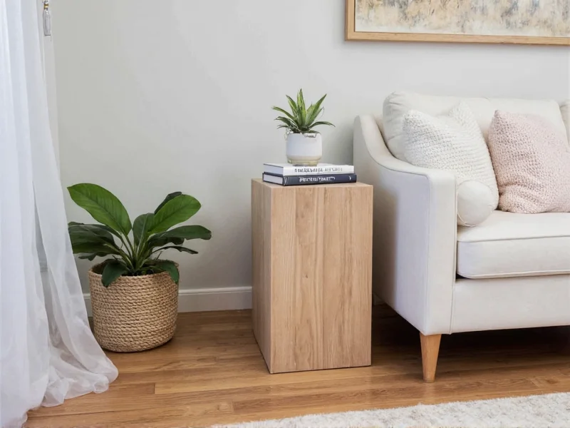 Finished diy side table next to sofa in living room