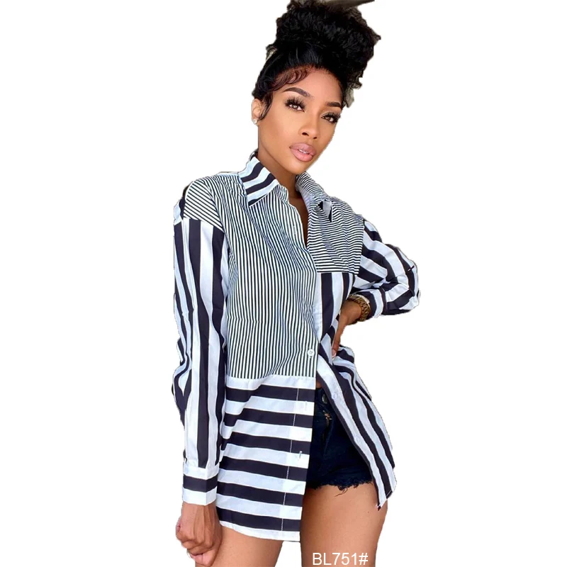 

Cross-border 2021 fashion stripe print shirt long women's wear