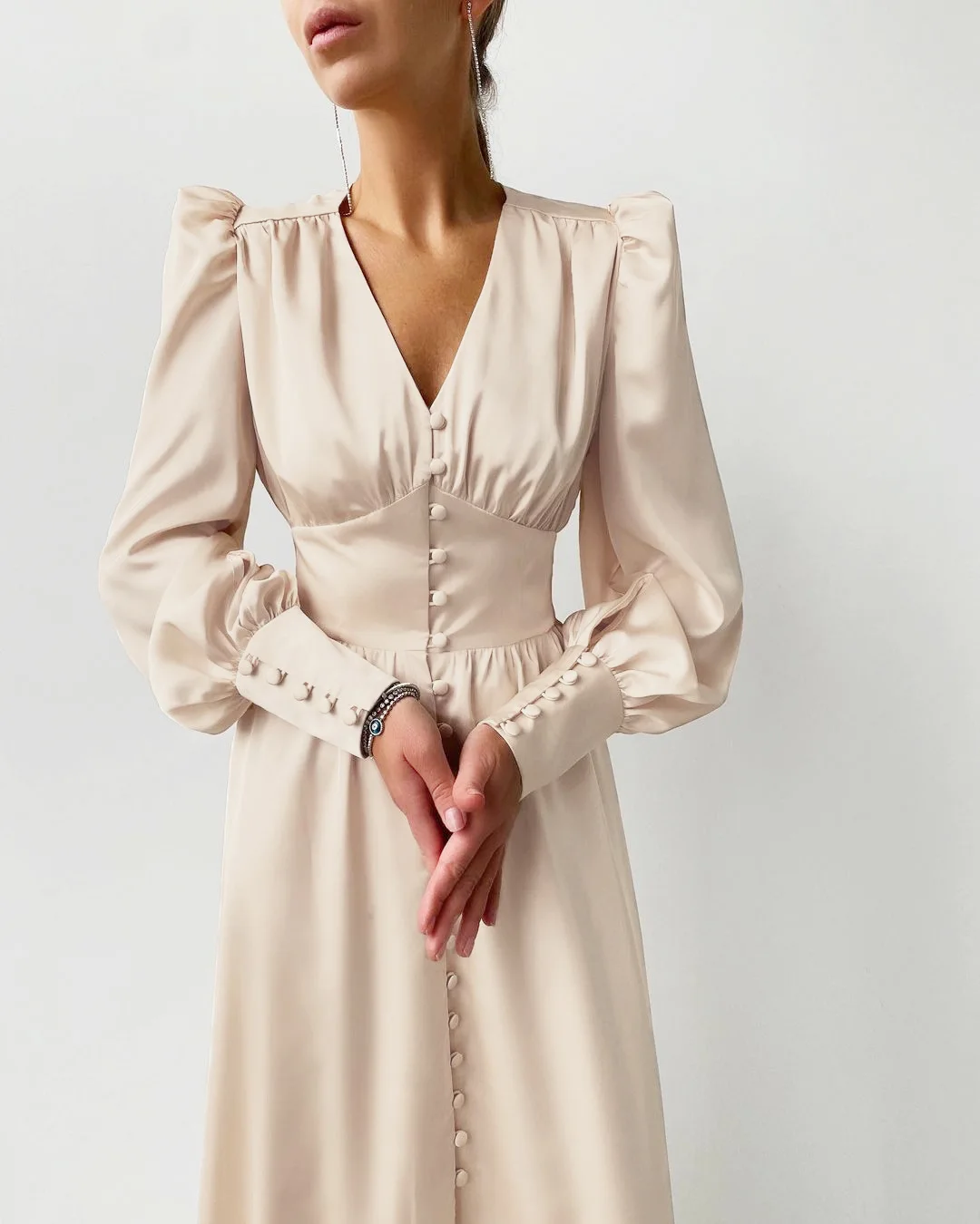 

High Waist Satin Long Dress Elegant V Neck Women Midi Dresses Beige Single Breasted Sexy Dress Party Clud Lantern Sleeve, Shown