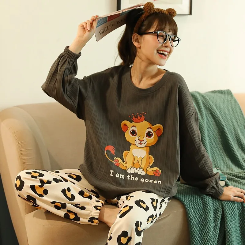 

Factory supply korean style pajamas women's autumn and winter new cute cartoon lion printing cotton long sleeve sleepwear set