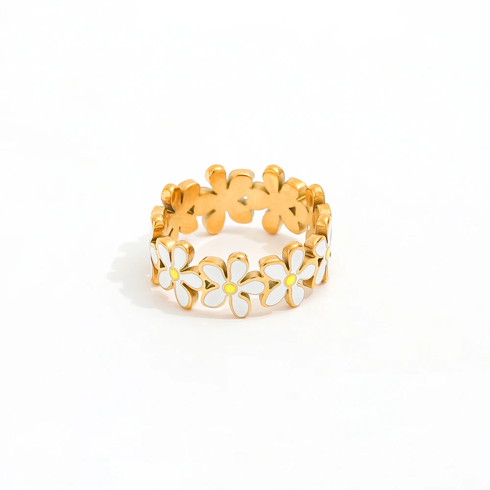 

High End 18K Plain Gold Daisy White Enamel Rings Stainless Steel Trendy Simple Gold Plated Jewelry