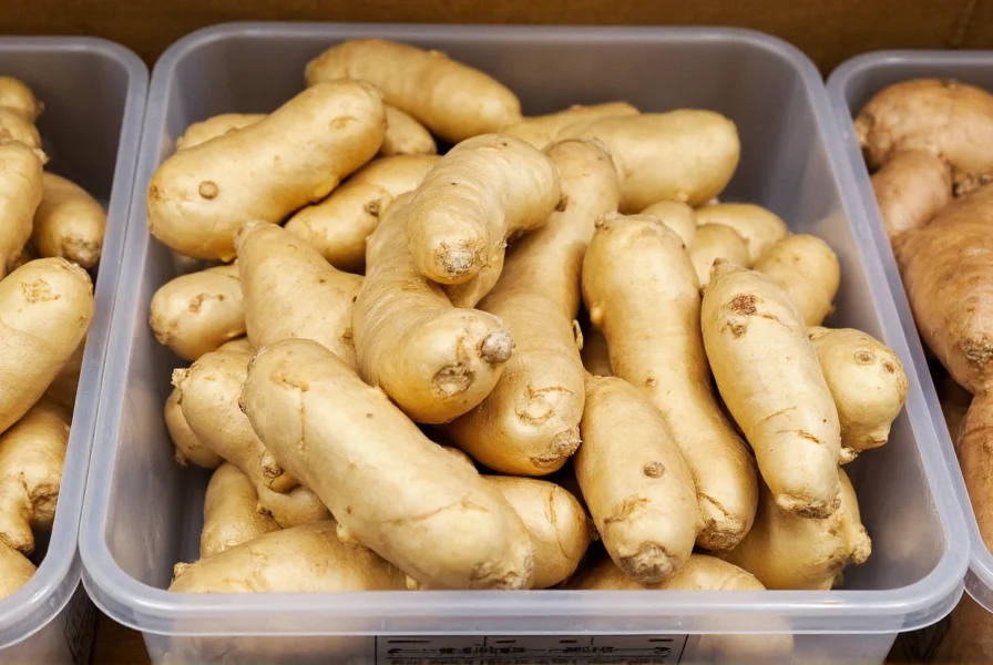 Fresh organic ginger root in Costco produce section showing multiple plump rhizomes in a clear plastic container