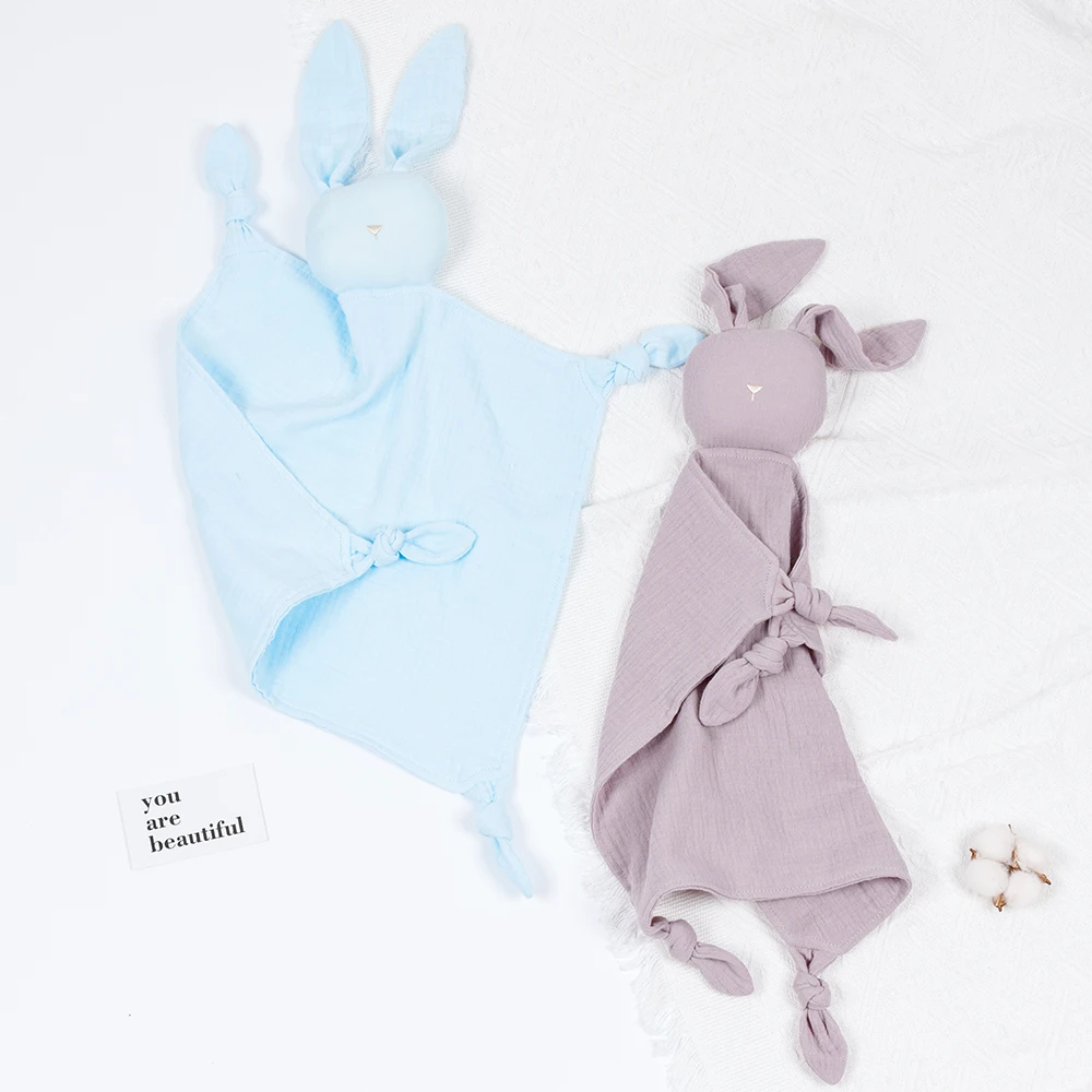 

Happyflute Bunny Lovey Blanket 100% Cotton Muslin Security Blanket Soft Breathable Cute Soothing Towel for Newborn