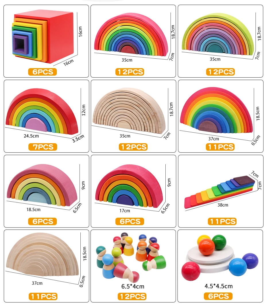 12 Pieces Rainbow Stacker Nesting Puzzle Wooden Building Blocks in The Color of Macaron, Parent-Child Interactive Toys, 14 x 6.9