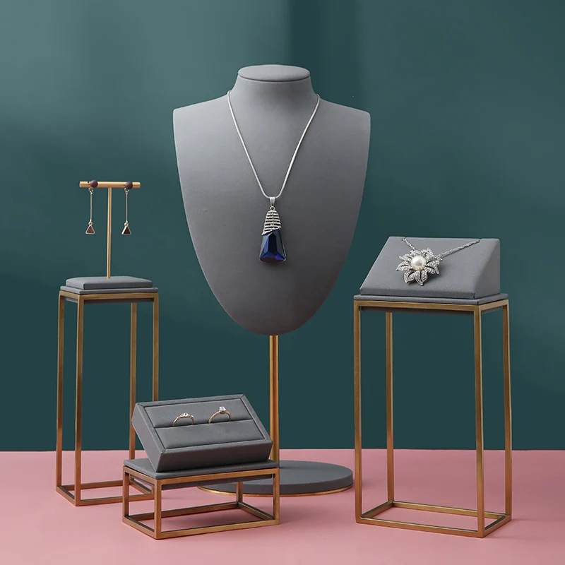 

Jewelry Shop Showcase Wholesale Custom Fashion Suede Necklace Pendant Stand Jewelry Display Rack With Metal Stand Combination, Grey