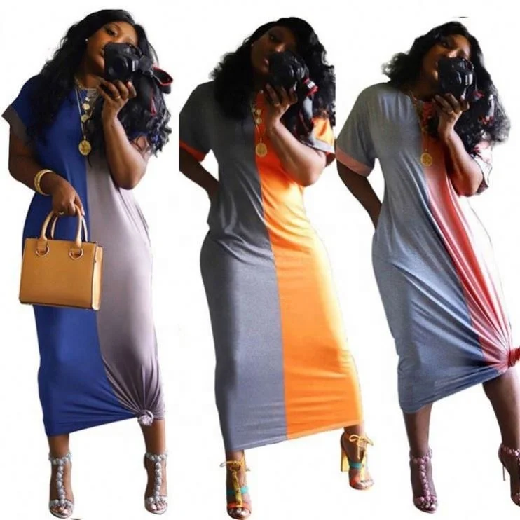 

Ready to ship women color block summer casual long maxi tshirt dress