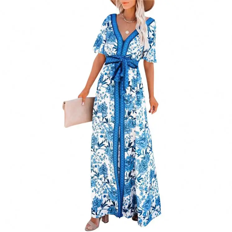 

MOEN Newest Design Summer V-Neck Tropical Print Slit Women Casual Floral Beachwear Maxi Dress