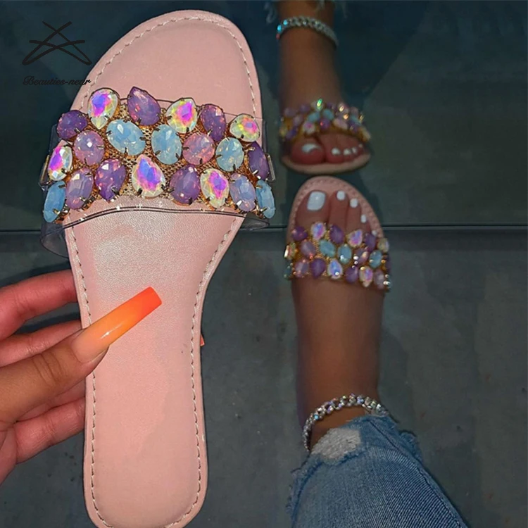 

Fashion women transparent PVC beads rhinestone high quality beach flat shoes slides lady slide sandal slipper