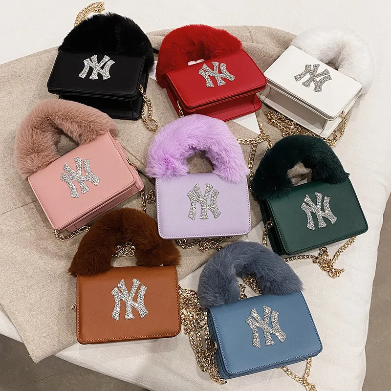 

2021 designer Furry purses New York Fashion small mini purses luxury fur bags women handbags for ladies, 8 colors