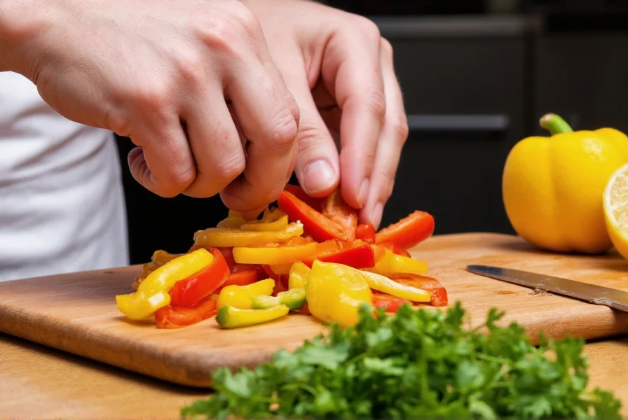Chef's hands preparing colorful pepper strips for salad with fresh herbs