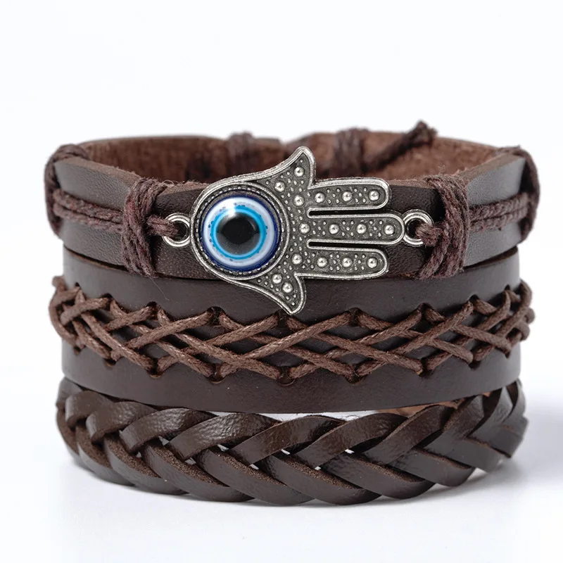 

New Popular Personalized Turkish Blue Eyes Cowhide Woven Small Leather Fatima Multiple layers Bracelet