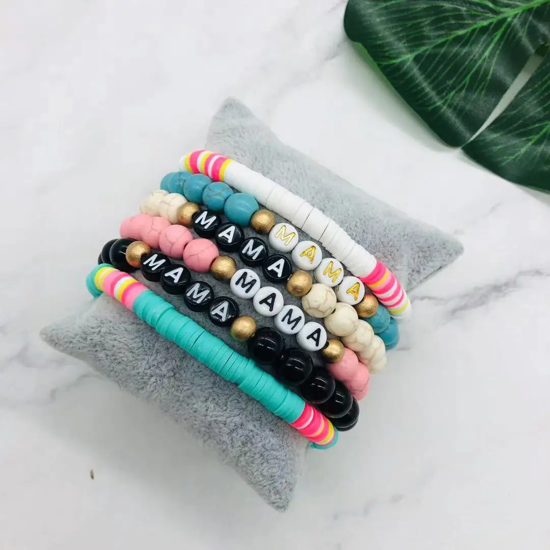 

Hot Gemstone MAMA Letters Beaded Bracelets Alphabet Summer Beach Bangle Natural Stone Bracelets For Mothers Gift Jewelry, Colorful