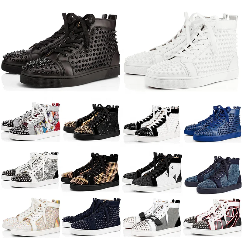 

Fashion brand Red bottoms Best quality black real Leather Rivets red bottom Women Men's casual shoes China designer sneakers