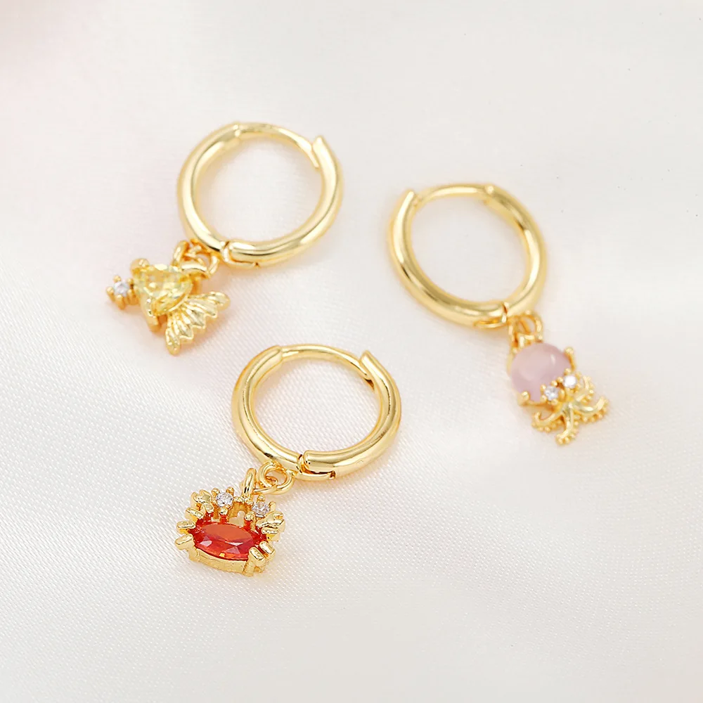 

New Ocean Series Small Hoop Earrings Animal Jewelry 18K Gold Plated Colorful Zircon Cute Huggie Ocean Animal Earrings, Gold/silver