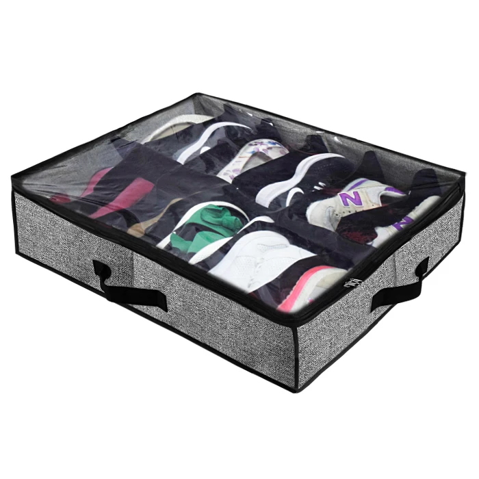 

Large Heavy Duty Foldable Fabric Holder Closet 12 cells Underbed Shoe Storage Bag with Clear Lid Under Bed Shoes Organizer, Black or customized