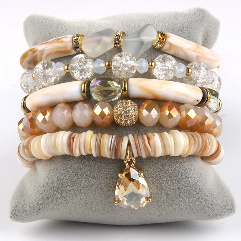 

New Arrival Fashion Bohemia Women Jewelry Gemstone Acrylic Crystal Glass Bracelet Drop Charm 5pc Stack Stretch Bracelet