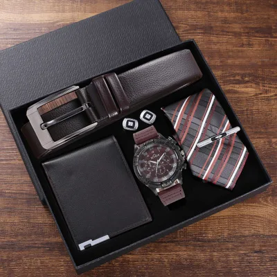 

Amazon hotsale leather business gift 5pcs set quartz belt wallet tie cufflinks watches men wrist