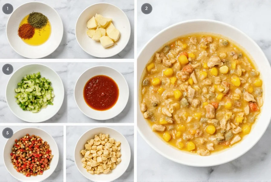 Step-by-step preparation of easy white chicken chili recipe showing ingredients in mixing bowls and finished dish in white ceramic bowl