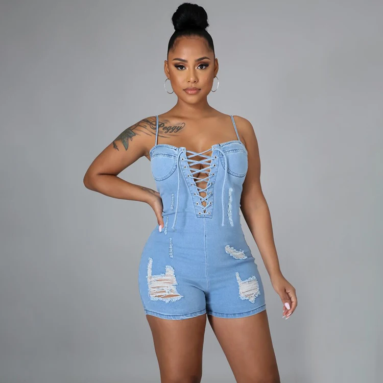 

Personality Fashion Sexy Tie-Wrap Sleeveless Backless Ripped Denim Romper Women Summer Newest Streetwear -YS, Blue