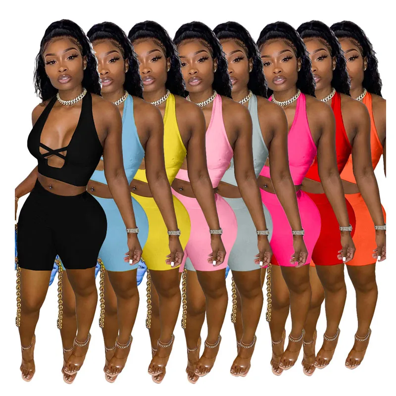 

XUQING 2021 New arrivals summer outfits 2 piece set women ladies crop top shorts pants sets with hollow out, Photo shows
