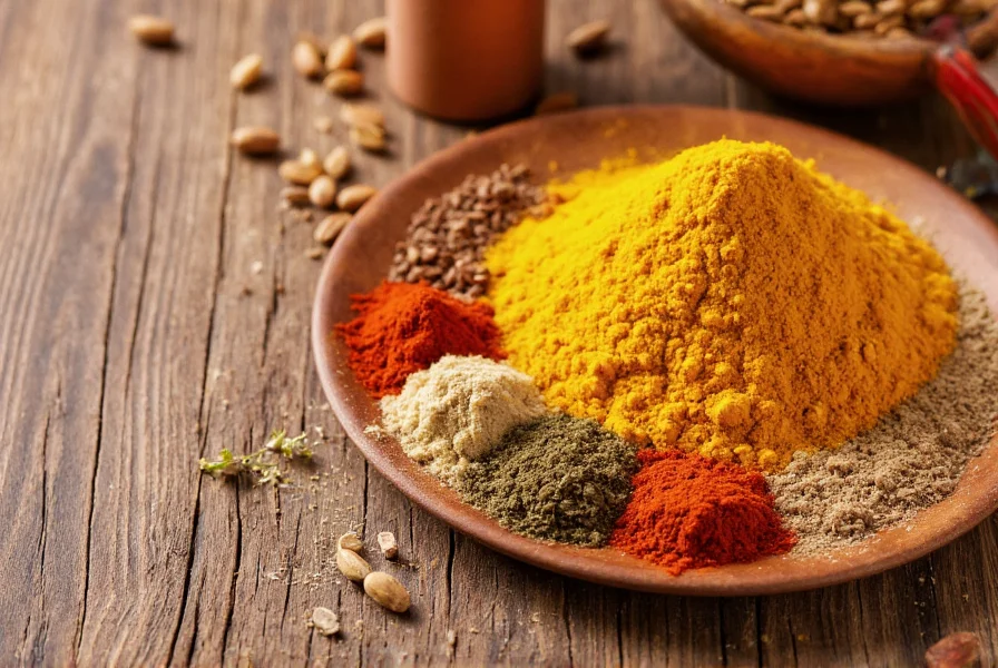 Homemade curry powder ingredients arranged neatly on wooden table