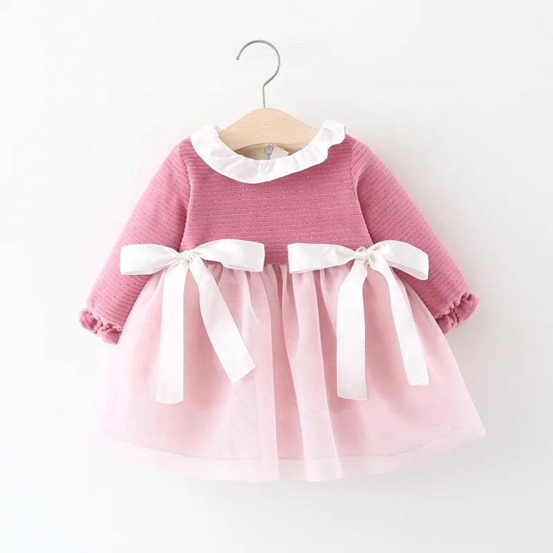 

B51586A Baby girls winter new bow-knot korean style princess mesh dress, Pink