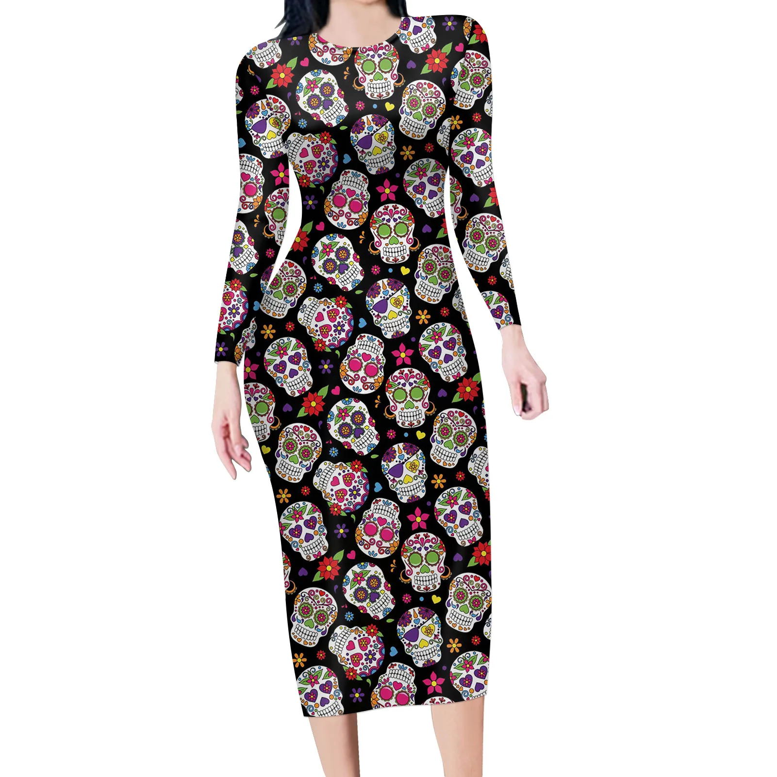 

Women's Dress Skull Heent Supplies Medical Supplies Print Dresses Women Elegant Bodycon Long Sleeve O-Neck Dresses for Women, Customized color