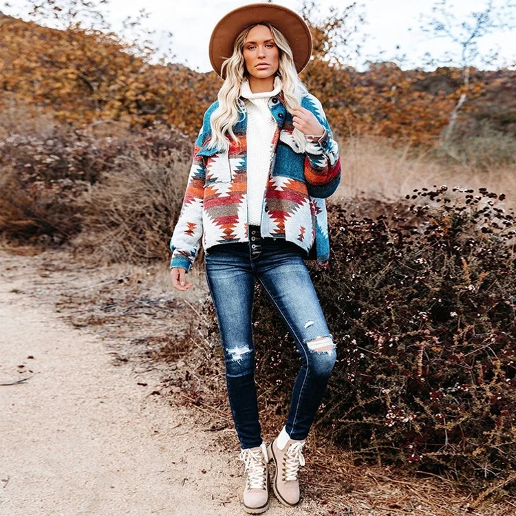 

2021 Women's Double-faced Woolen Custom Aztec Print Jackets Shacket