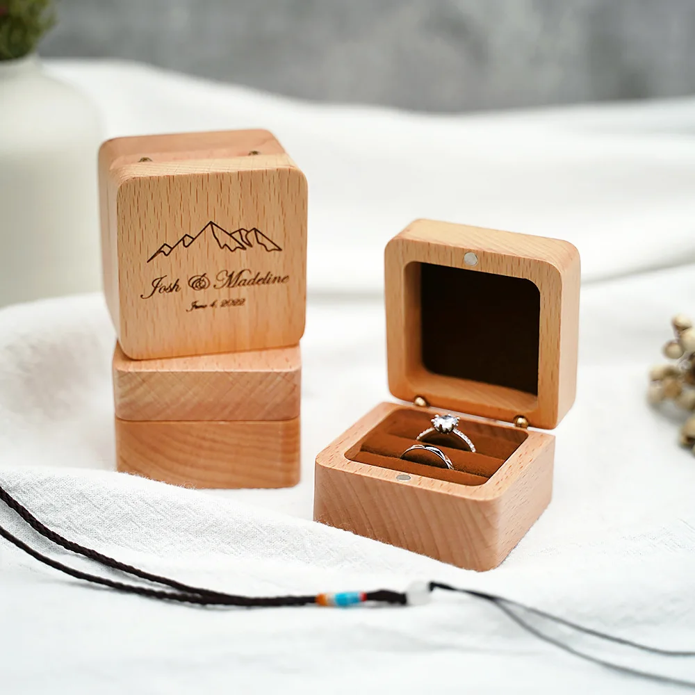 Luxury Walnut Handmade Custom Logo Solid Wood Ring Storage Box Wedding Ring Small Portable Jewelry Caved Box Gift for Her