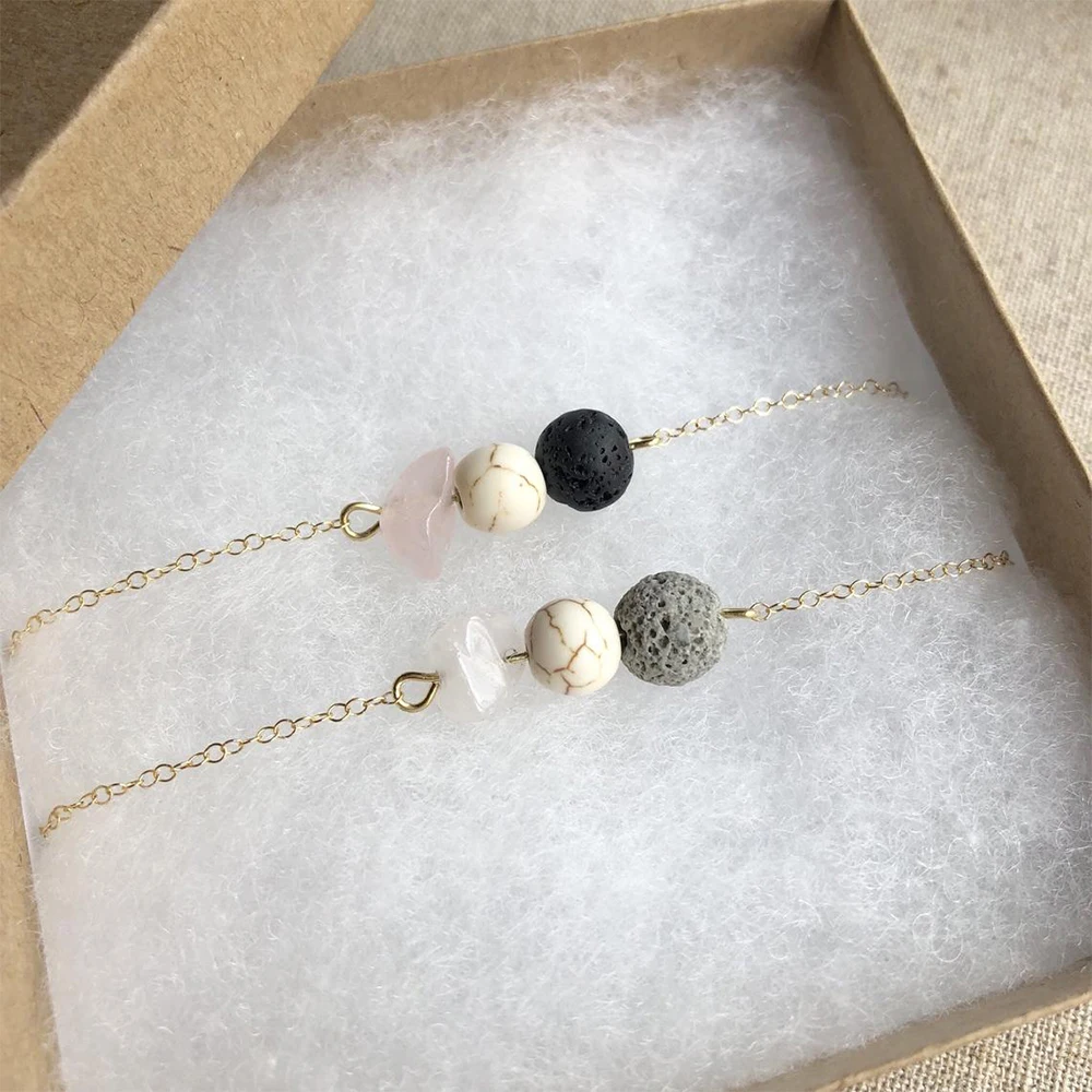 

Essential Oils 14k Gold Plated Chain Bracelet, Black Gray Lava Stone Rose Quartz Oil Diffuser Bracelet
