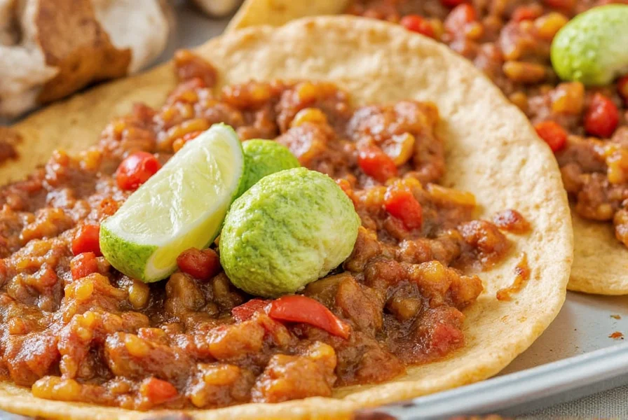 Finished plate of al pastor tacos with toppings