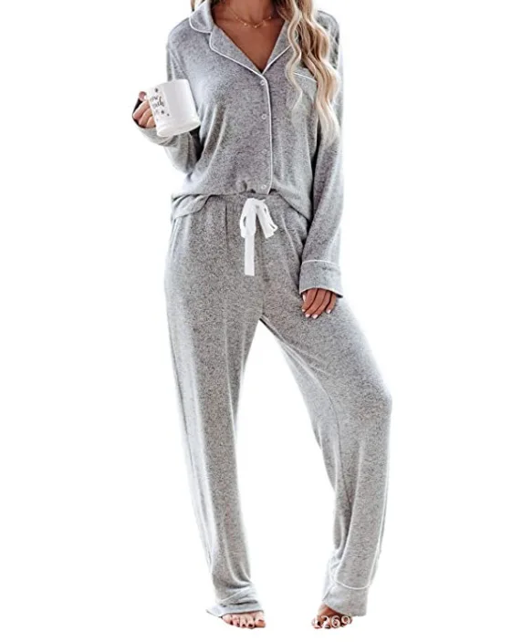 

WW-0585 Long Sleeve Pajamas Leisurewear Suit Trousers Lapel Buttons Comfy Winter Pyjamas Women Cotton Sleepwear, Same as picture