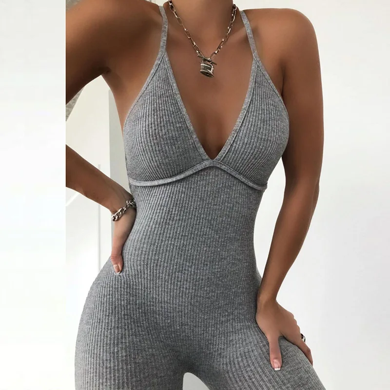 

A0607X v-neck skinny sexy jumpsuit women summer 2021 hollow out partywear halter sleeveless streetwear outfit fitness backless, Black