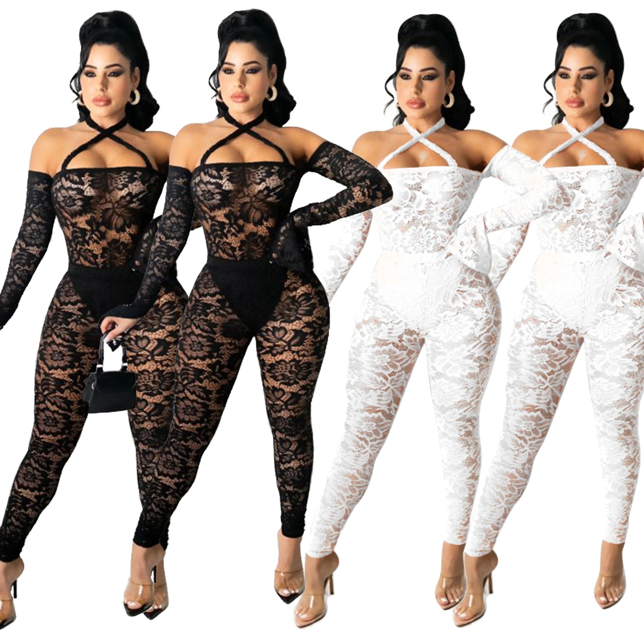 

F21688A 2021 IN STOCK wholesale New Arrivals summer sexy sheer lace mesh bandage women jumpsuit, Black, white