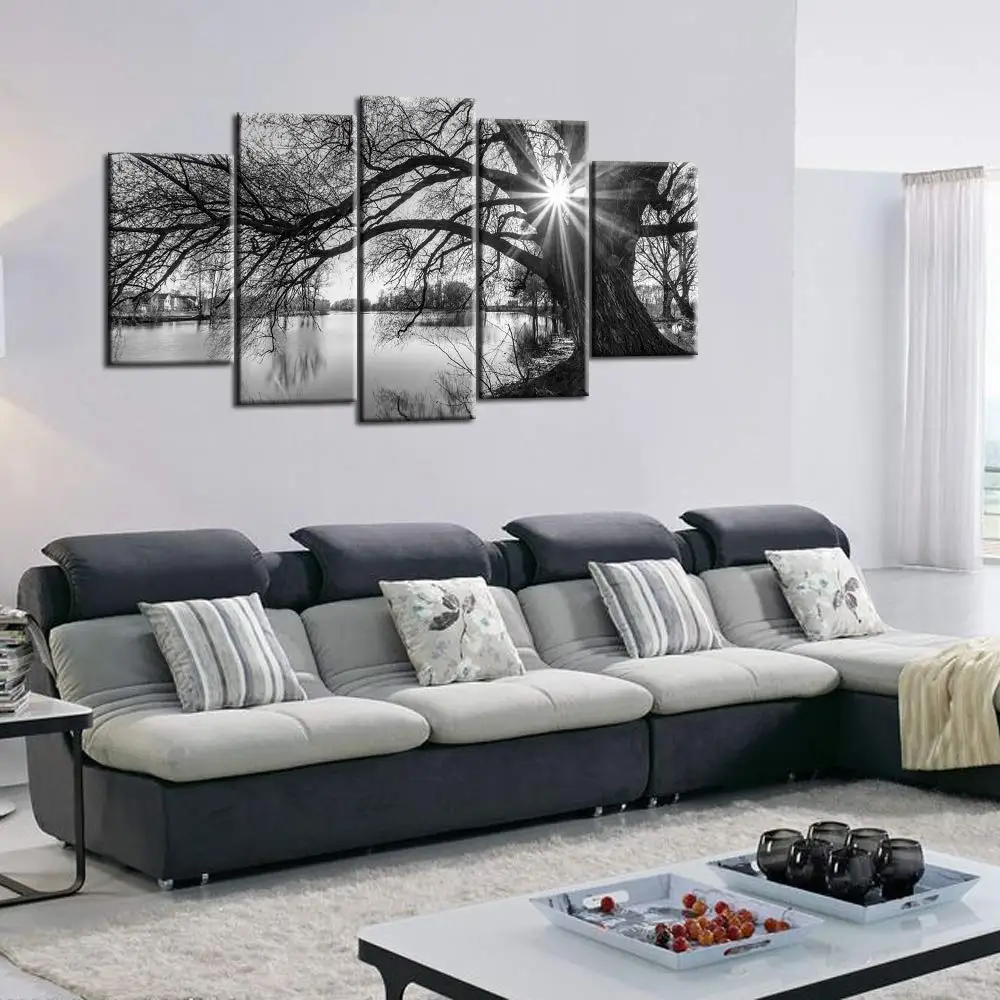 

Wholesale Drop shipping 5 Panel Black and White Old Tree by Lake Canvas Painting for Living Room Wall Landscape Home Decoration