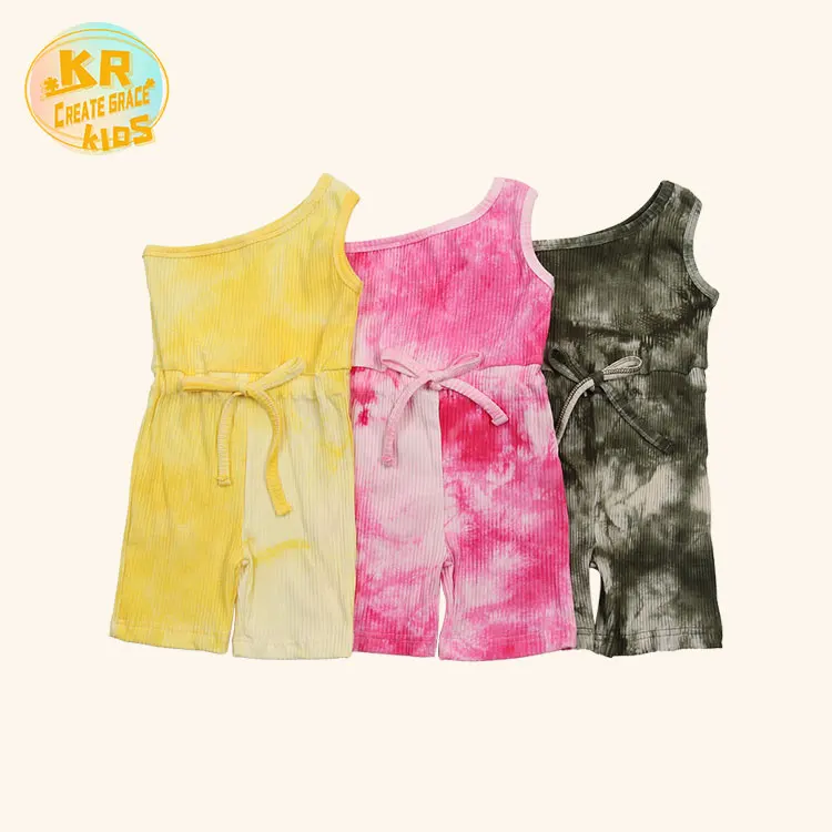 

High quality kids clothing colorful tie dye romper one shoulder jumpsuit waist tie baby set, Picture shows