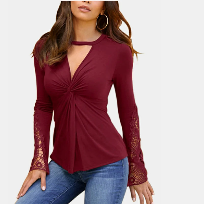 

Amazon Hot Women's Deep V Lace Personality Stitching Long Sleeve Bottoming Shirt, 3 colors