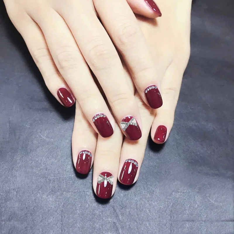 

Dropshipping Short Square Head Wine Red Rhinestone Nail Art Diamond Fake Nail Patch Finished Product