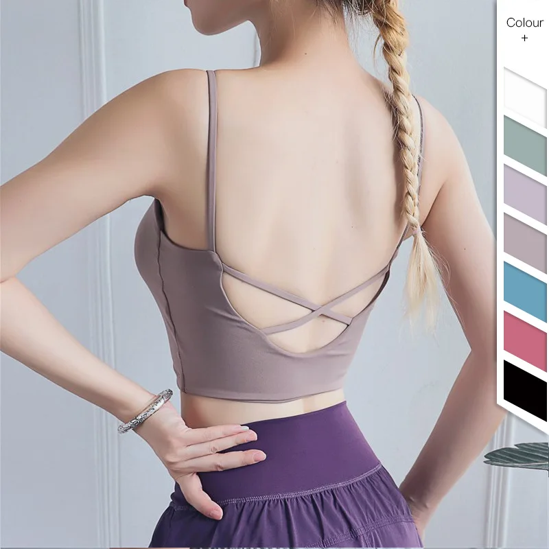 

Lovely Low-cut quick dry Breathable Cross Back Peachpuff With Removable Padds Fitness Sports Bra, Accept customzied colors
